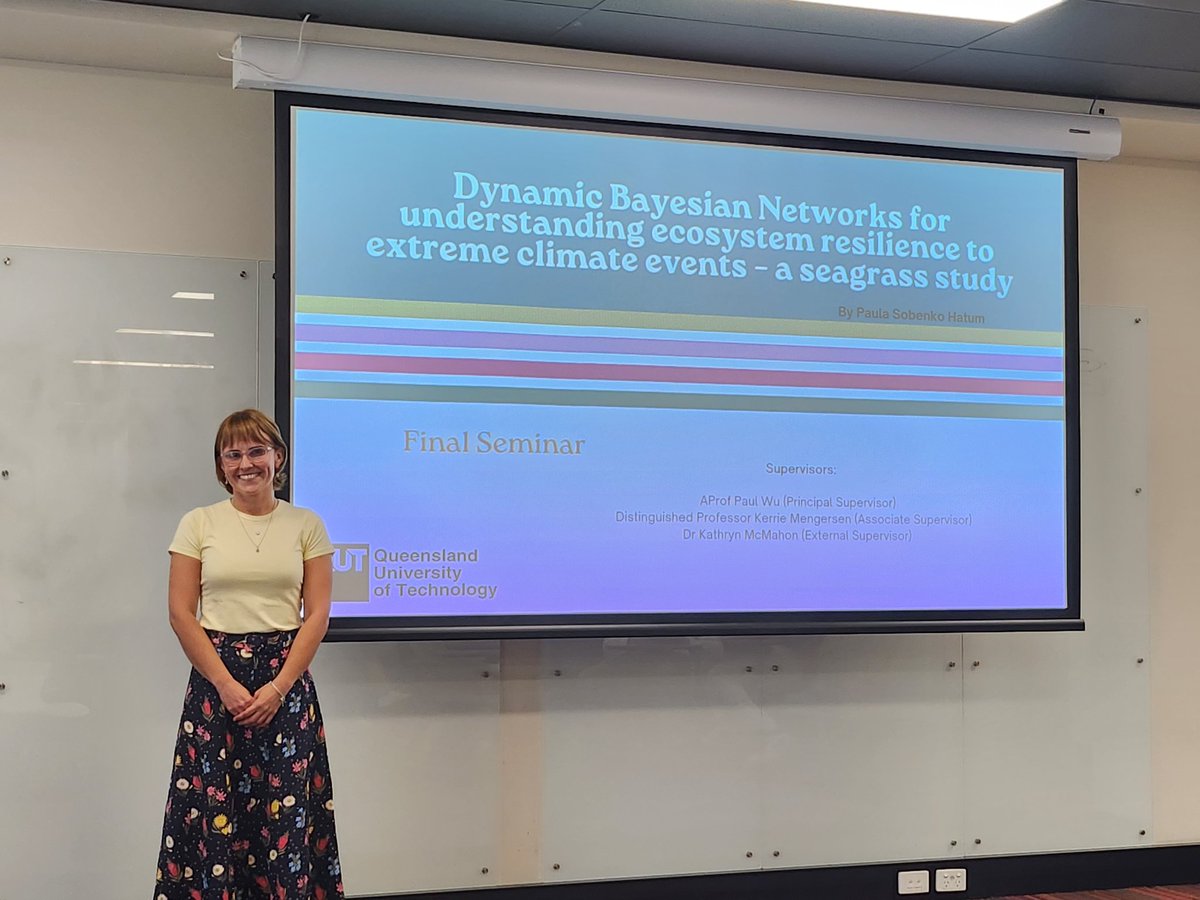 What a talented star! Paula Sobenko Hatum presents her PhD research - a great exemplar of merging marine science and statistical data science to address the urgent global issue of the impact of climate change, eg heatwaves, on seagrass resilience. So important for our world.