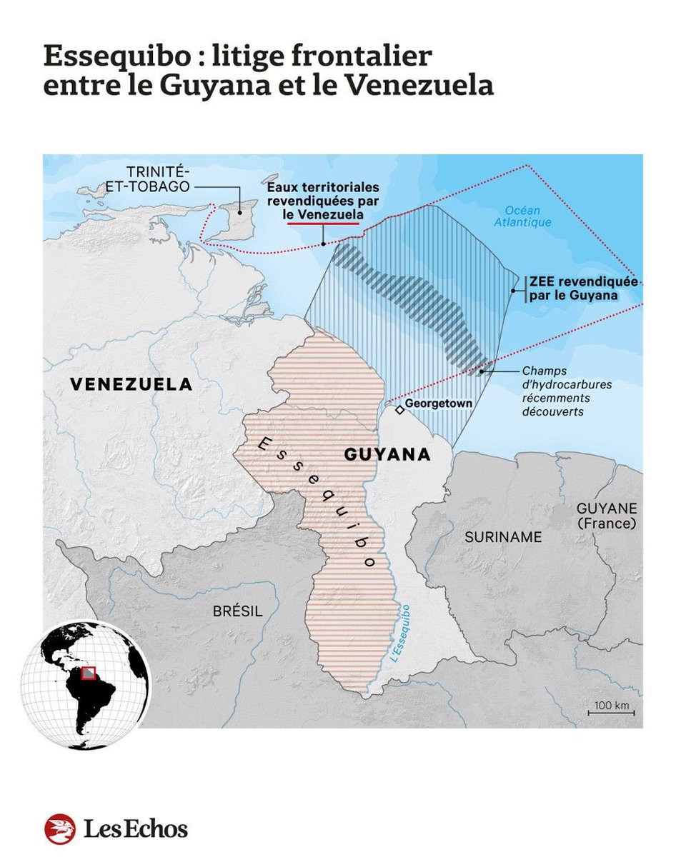 L_ThinkTank's tweet photo. [ 🇻🇪 VENEZUELA | 🇬🇾 GUYANA ]

🔸 Le gouvernement de Nicolás Maduro organise ce week-end un référendum sur l’annexion de l'Essequibo, région du Guyana riche en hydrocarbures. https://t.co/yKXgUMGt49