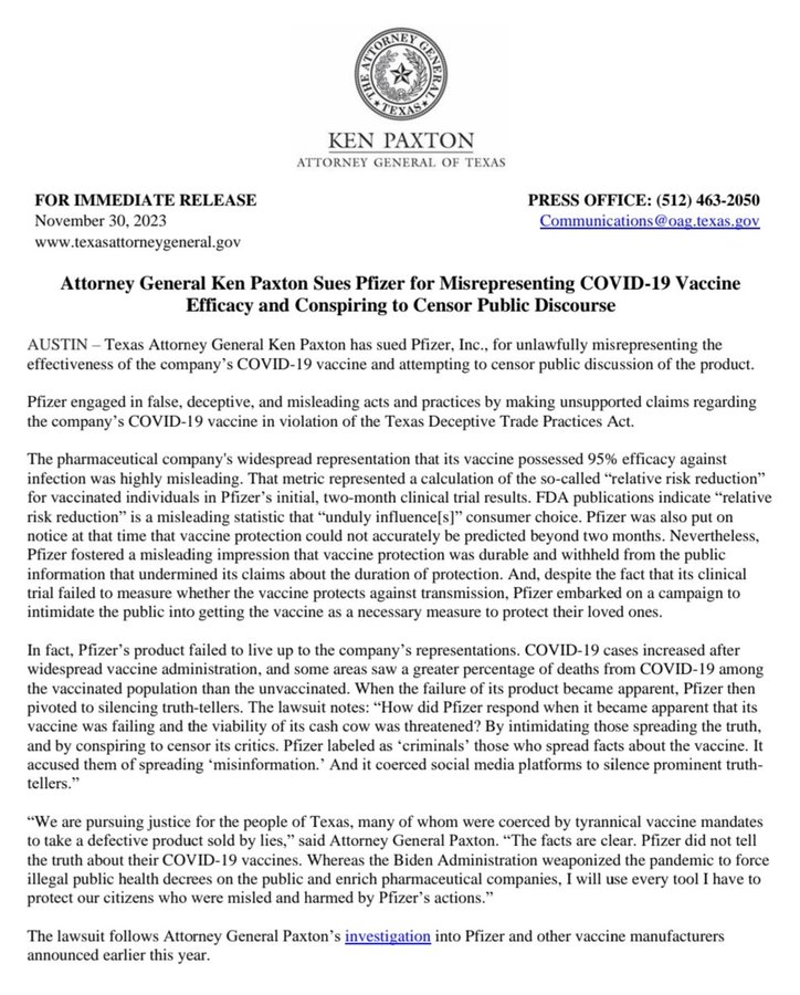 Generalstaatsanwalt klagt Pfizer an!

1. Pfizer hat die Wirksamkeit seines Impfstoffs vorgetäuscht und irreführend mit langfristigem Schutz geworben. 
2. Als das Impfversagen offenbar wurde, hat Pfizer die Aufklärer zensiert und als „Kriminelle” diffamiert.

<a href="/KenPaxtonTX/">Attorney General Ken Paxton</a> stützt