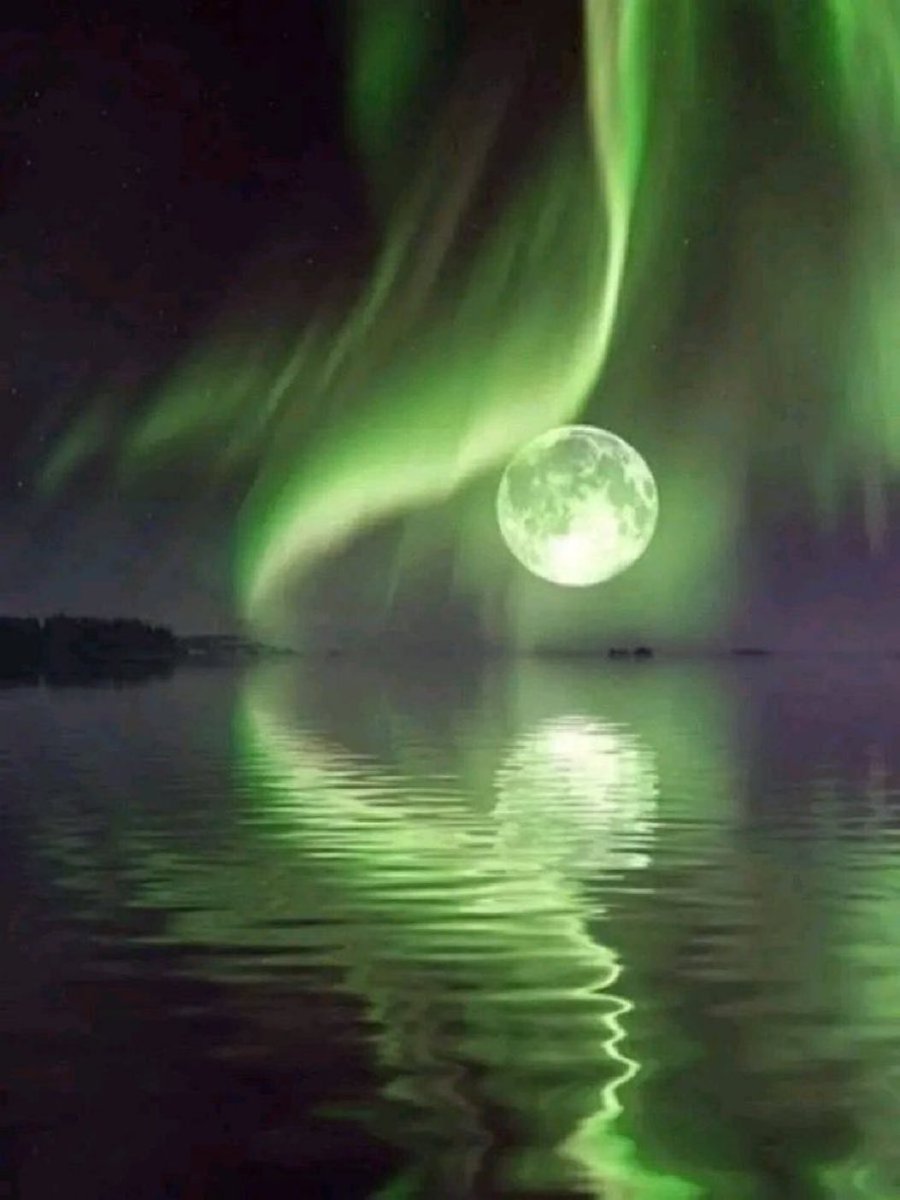 M1ONLOVER's tweet photo. Full Moon, Sea and Northern lights. https://t.co/Wj1ARLsViq