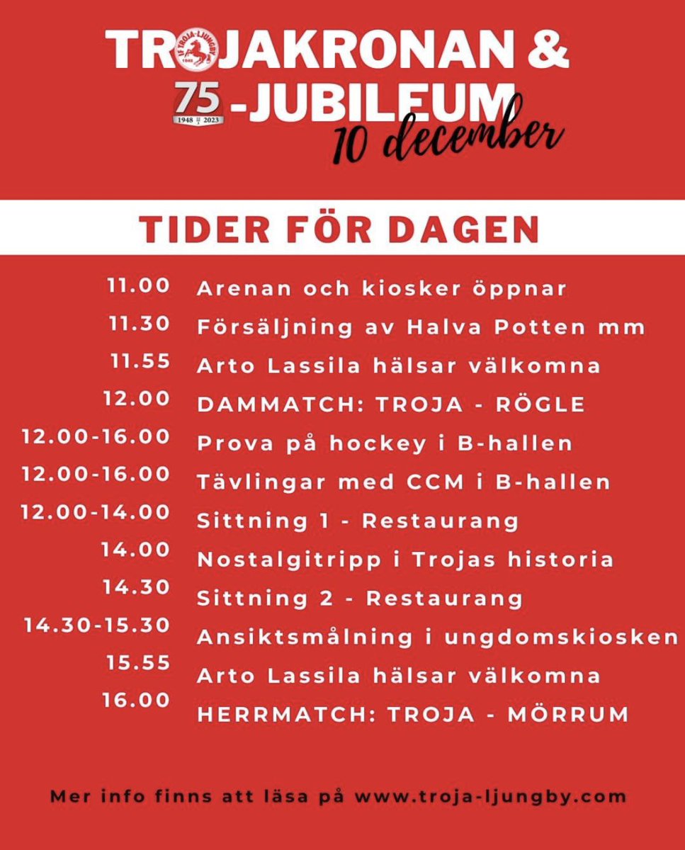Familjens Dag!
Fri entré för alla och härliga aktiviteter att utforska.
Vi firar 75 år som hockeyklubb och vill dela dagen med dig.
Varmt välkomna och hjälp oss att dela detta så vi fyller Arenan❤️