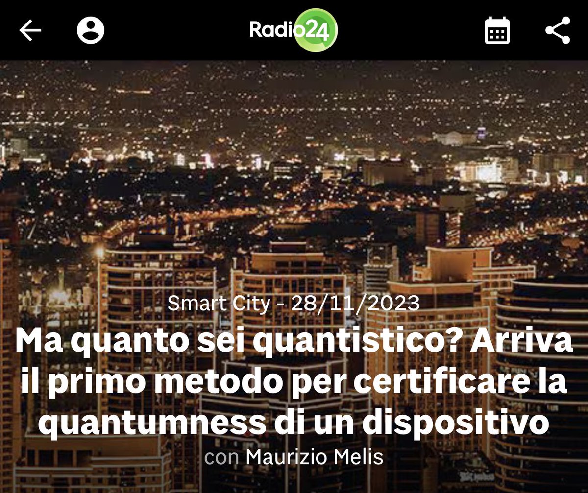 “Il mondo si prepara all’avvento di una nuova generazione di dispositivi - sensori, simulatori, computer e sistemi di comunicazione -  capaci di utilizzare nuove proprietà quantistiche. Ne parla Fabio Sciarrino <a href="/Radio24_news/">Radio 24</a>”<a href="/SapienzaRoma/">Sapienza Università di Roma</a> <a href="/ERC_Research/">European Research Council (ERC)</a> radio24.ilsole24ore.com/programmi/smar…