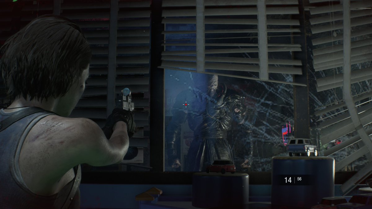 JetSetStevo's tweet photo. Been in a #ResidentEvil mood lately - not long played through RE2 remake (what a game by the way) and now onto 3.

Very considerate of Nemesis to patiently wait outside the toy shop and glare while I search it lol. This is not a happy chappie. https://t.co/obkUnQz9FN