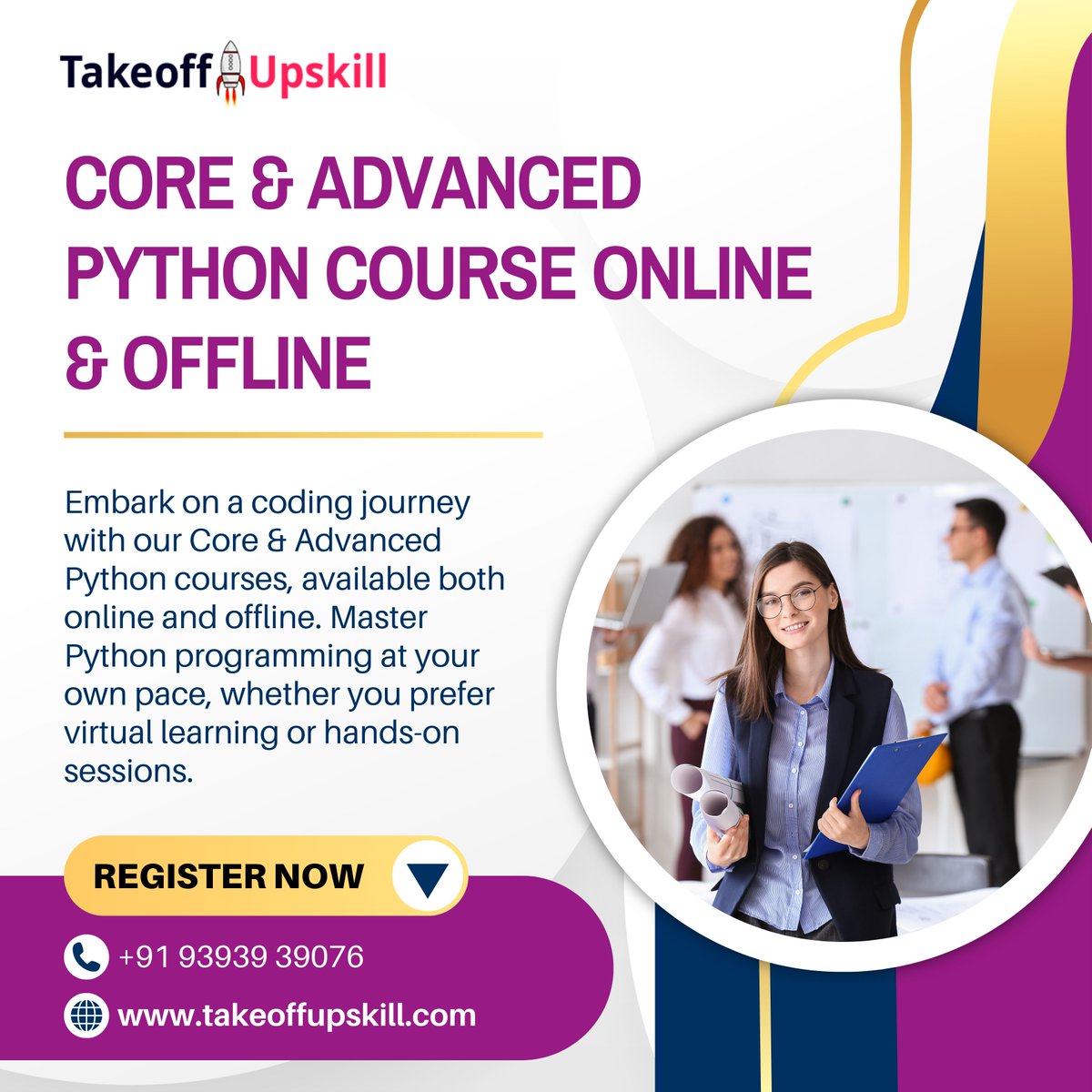 takeoffupskill's tweet image. Embark on a coding journey with our Core & Advanced Python courses, available both online and offline.
Master Python programming at your own pace, whether you prefer virtual learning or hands-on sessions.
#PythonProgramming #OnlineLearning #CodingCourses #takeoffupskills ๐๐ป