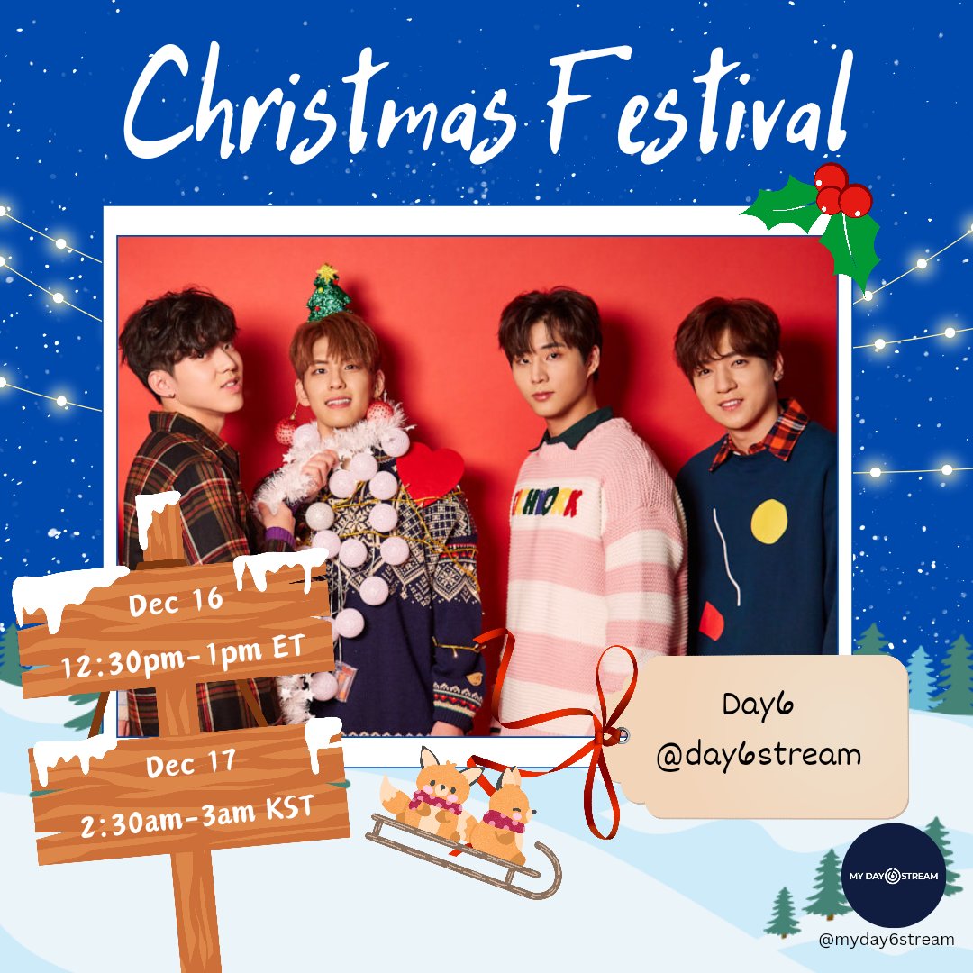 <a href="/STATIONHEAD/">STATIONHEAD</a> @H7N_StreamTeam <a href="/HORI7ONofficial/">HORI7ONofficial</a> <a href="/podofskywhales/">TAEYONG 1ST ALBUM COMING SOON</a> <a href="/NCTsmtown_127/">NCT 127</a> <a href="/NCTsmtown/">NCT</a> @Onepactstreams <a href="/onepact_/">ONE PACT</a> <a href="/WayV_Airlines/">WayV Airlines ✈︎❄️</a> <a href="/WayV_official/">WayV</a> <a href="/Station_Loey/">STATION LOEY</a> <a href="/ChanyeolGlobal/">CHANYEOL GLOBAL</a> <a href="/weareoneEXO/">EXO</a> <a href="/ive_stream/">IVE STREAM| XOXZ</a> <a href="/IVE_twt/">IVE</a> <a href="/LoveNo_9/">Love N°9 #SF9 #INSEONG 🔈#Mute_is_Off🔊</a> <a href="/SF9official/">SF9official</a> <a href="/OT7Ahga/">OT7Ahga Int Fanclub</a> <a href="/GOT7/">GOT7 (갓세븐)</a> <a href="/eajradio/">eaJ Radio 📻 (Slow)</a> <a href="/eaJPark/">eaJ¹ᐟ</a> <a href="/tangerinejams/">TANgerine Jams 🍊</a> <a href="/heyseopark/">bek ˙ᵕ˙</a> <a href="/tan__official_/">TAN_official</a> <a href="/GomezStreamClub/">Gomez Stream Club</a> <a href="/selenagomez/">Selena Gomez</a> Christmas Festival Lineup🎄: 

Presenting:
Day6!!! 

🦌⏰️: Dec 16 12:30pm ET | Dec 17 2:30am KST 

☃️ 📻: 
stationhead.com/day6stream

🎅: <a href="/myday6stream/">🍋 MY DAY Streaming Support for DAY6 🍀✨ (Slow)</a> <a href="/day6official/">DAY6</a>

#SHXmasFest2023 <a href="/STATIONHEAD/">STATIONHEAD</a> #Day6