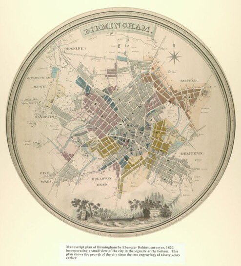 #MapOfTheMonth December 2023, courtesy of @TheIronRoom MS 3154/4 - Ebenezer Robins' 1820 Circular Plan of Birmingham. From a family of surveyors based in New Street. This & other maps are on the Map Wall, Level 4 @LibraryofBham