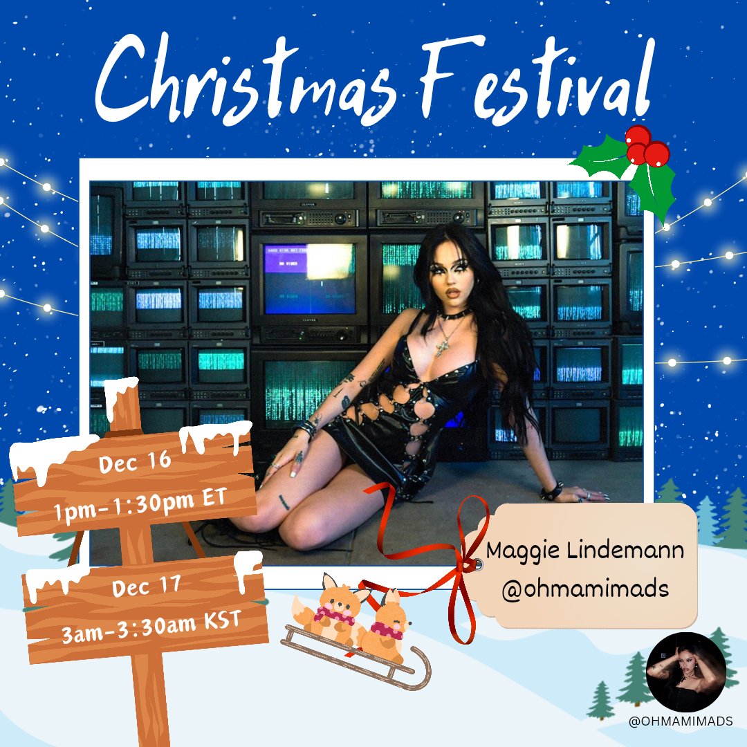 <a href="/STATIONHEAD/">STATIONHEAD</a> @H7N_StreamTeam <a href="/HORI7ONofficial/">HORI7ONofficial</a> <a href="/podofskywhales/">TAEYONG 1ST ALBUM COMING SOON</a> <a href="/NCTsmtown_127/">NCT 127</a> <a href="/NCTsmtown/">NCT</a> @Onepactstreams <a href="/onepact_/">ONE PACT</a> <a href="/WayV_Airlines/">WayV Airlines ✈︎❄️</a> <a href="/WayV_official/">WayV</a> <a href="/Station_Loey/">STATION LOEY</a> <a href="/ChanyeolGlobal/">CHANYEOL GLOBAL</a> <a href="/weareoneEXO/">EXO</a> <a href="/ive_stream/">IVE STREAM| XOXZ</a> <a href="/IVE_twt/">IVE</a> <a href="/LoveNo_9/">Love N°9 #SF9 #INSEONG 🔈#Mute_is_Off🔊</a> <a href="/SF9official/">SF9official</a> <a href="/OT7Ahga/">OT7Ahga Int Fanclub</a> <a href="/GOT7/">GOT7 (갓세븐)</a> <a href="/eajradio/">eaJ Radio 📻 (Slow)</a> <a href="/eaJPark/">eaJ¹ᐟ</a> <a href="/tangerinejams/">TANgerine Jams 🍊</a> <a href="/heyseopark/">bek ˙ᵕ˙</a> <a href="/tan__official_/">TAN_official</a> <a href="/GomezStreamClub/">Gomez Stream Club</a> <a href="/selenagomez/">Selena Gomez</a> <a href="/myday6stream/">🍋 MY DAY Streaming Support for DAY6 🍀✨ (Slow)</a> <a href="/day6official/">DAY6</a> Christmas Festival Lineup🎄: 

Presenting:
Maggie Lindemann!!! 

🦌⏰️: Dec 16 1pm ET | Dec 17 3am KST 

☃️ 📻: 
stationhead.com/ohmamimads

🎅: @OHMAMIMADS <a href="/MaggieLindemann/">MAGGIE LINDEMANN</a>

#SHXmasFest2023 <a href="/STATIONHEAD/">STATIONHEAD</a> #MaggieLindemann