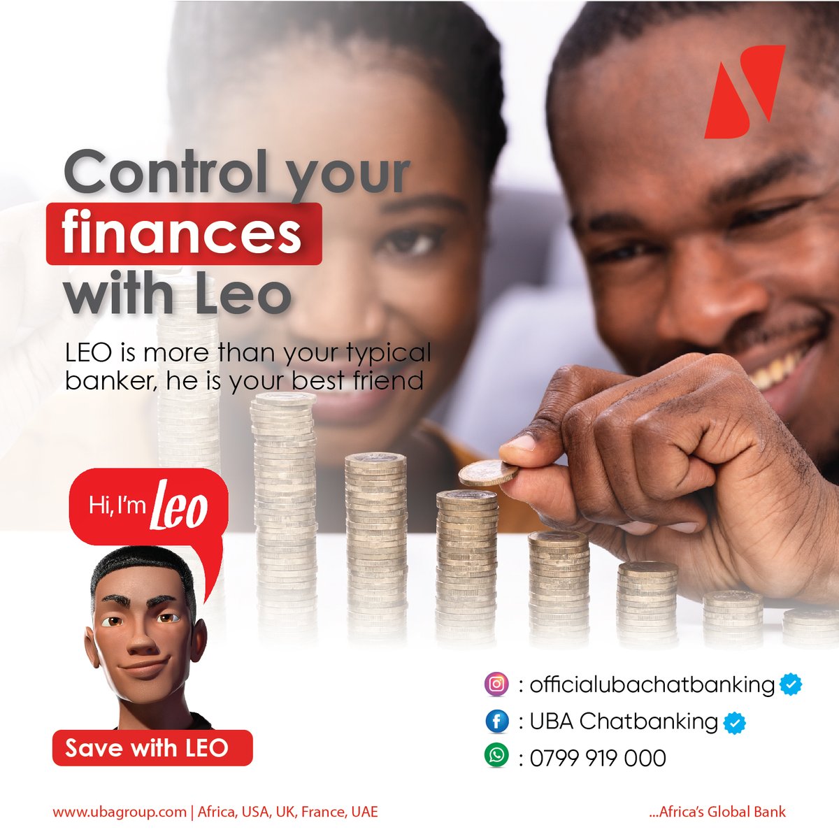 Seize control of your finances using our virtual banker, Leo! 💳💰 

Open an account today to experience seamless and intelligent money management at your fingertips.

#FinancialFreedom
#SmartSpending
#leochatbanking
#AfricasGlobalBank