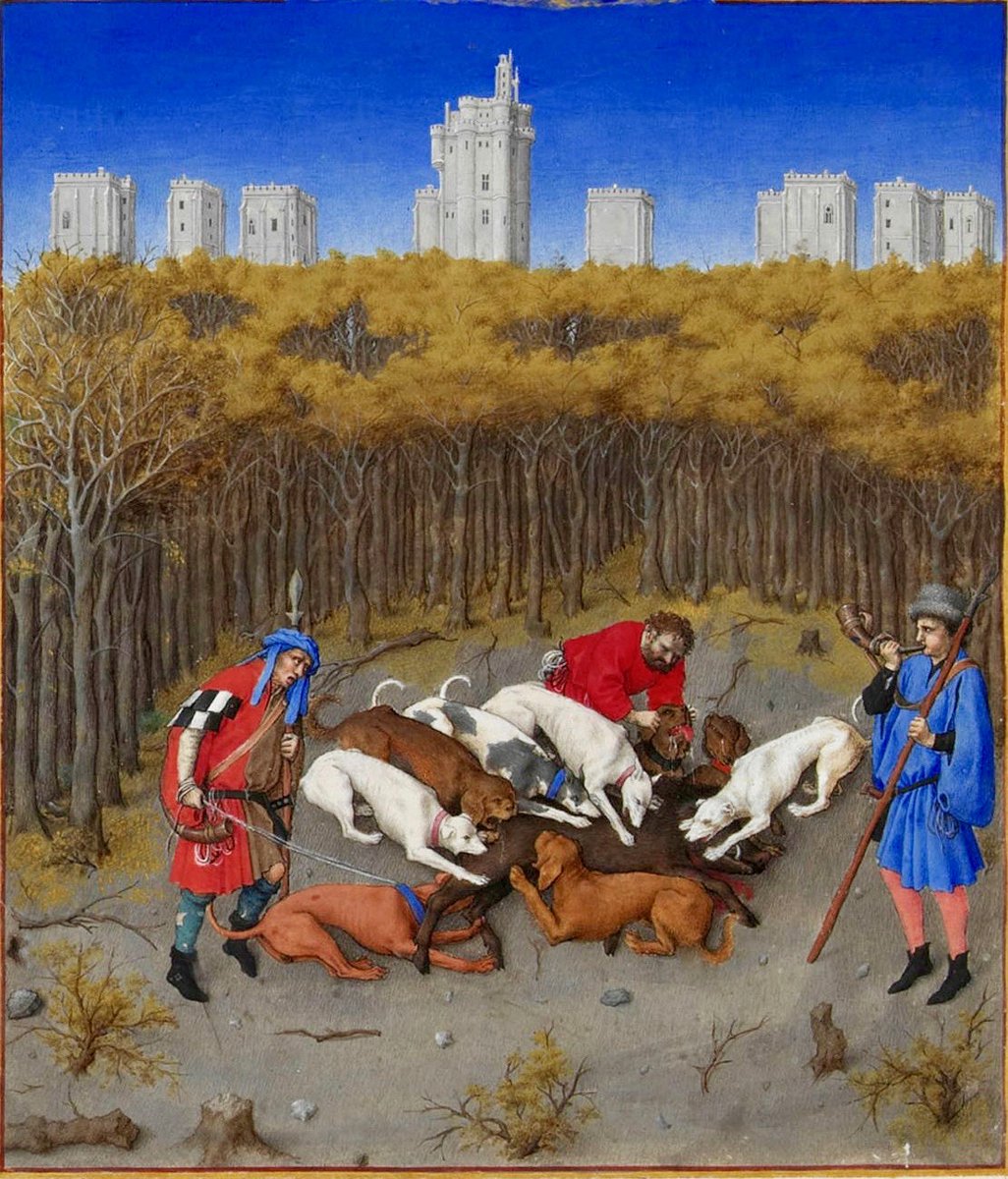 Replacing the slaughter of a pig traditional to Christmas iconography with the climax of a #boarhunt, the keep and towers of the #ChâteaudeVincennes, completed under Charles V (and the birthplace of the #DucdeBerry. #LimbourgBrothers #BarthélemydEyck