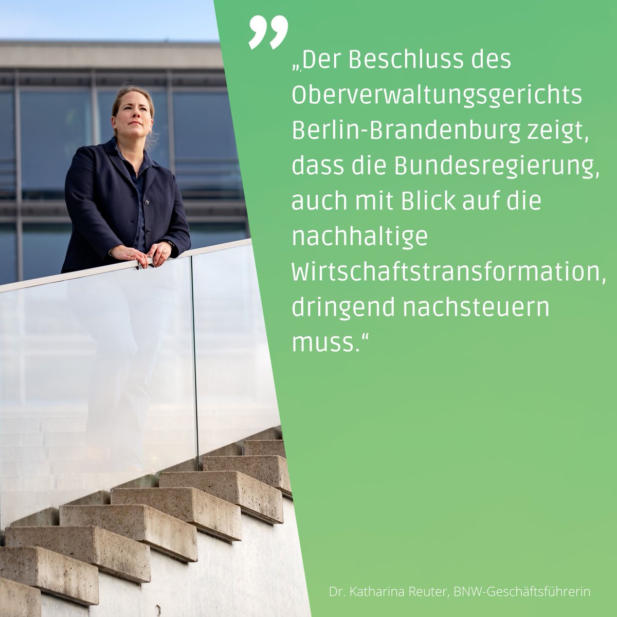 #Klimaklage|n-Urteil: Ein gutes Zeichen für den Klimaschutz und die nachhaltige Wirtschaft:  
🗣️ Dr. Katharina Reuter, BNW-Geschäftsführerin: "Der Beschluss zeigt, dass die Bundesregierung, auch mit Blick auf die nachhaltige Wirtschaftstransformation, dringend nachsteuern muss.“