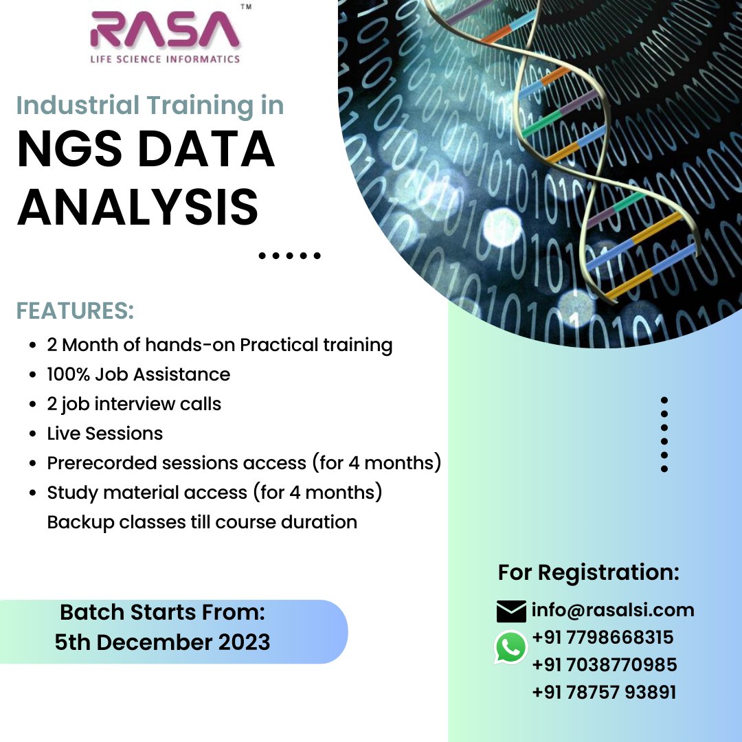 RASA Lsi (@rasalsi) on Twitter photo Industrial Training in NGS Data Analysis📷
#ngsdataanalysis #industrialtraining #onlinetraining #rasa #rasalsi
For training-related details:
Visit us on:rasalsi.com/bioinformatics…
Email us: info@rasalsi.com
WhatsApp on: +91-7038770985, +91-7798668315 & +91 78757 93891 Industrial Training in NGS Data Analysis📷
#ngsdataanalysis #industrialtraining #onlinetraining #rasa #rasalsi
For training-related details:
Visit us on:rasalsi.com/bioinformatics…
Email us: info@rasalsi.com
WhatsApp on: +91-7038770985, +91-7798668315 & +91 78757 93891
