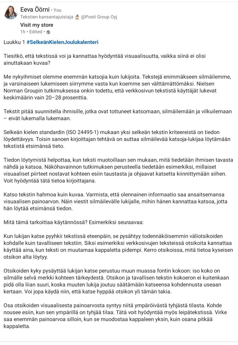 Jos olet Linkkarissa ja tekstiasiat kiinnostavat, ota seurantaan #SelkeänKielenJoulukalenteri! linkedin.com/posts/eevaoorn… Se on sarja päivittäisiä nostoja tulevan kirjani teemoista ja sisällöistä. Luvassa on asiaa selkeistä, ymmärrettävistä teksteistä ja myös tekstien sävyasioista.