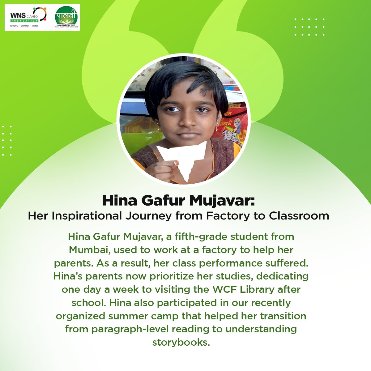 WnsWcf's tweet image. Hina’s journey from factory work to the classroom is a testament to the power of education. Her parents’ support and visits to the #WCFMobileLibrary, has contributed to her academic transition. 
#LearnWithWCF #YoungReaders #InspiringKids #SuccessStories