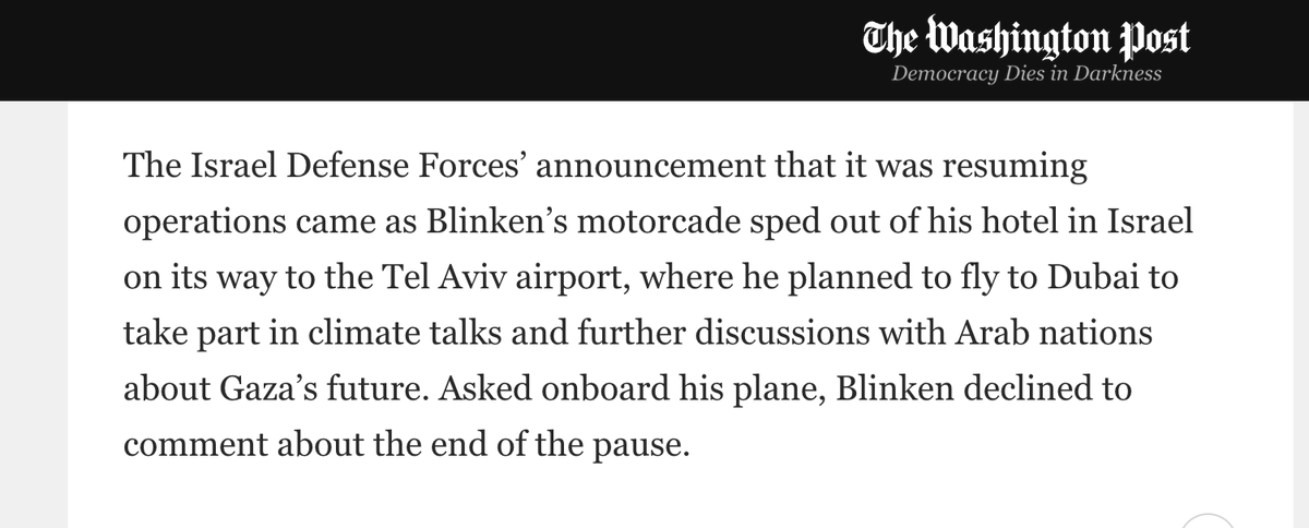 aaronjmate's tweet photo. As Israel resumed its attack on Gaza today, @SecBlinken's "motorcade sped out of his hotel in Israel on its way to the Tel Aviv airport... Asked onboard his plane, Blinken declined to comment."

Reminds me of when Ford and Kissinger visited Indonesia in December 1975 and gave the green light for an invasion of East Timor. Right after they left the following day, Indonesia invaded and began a genocide.