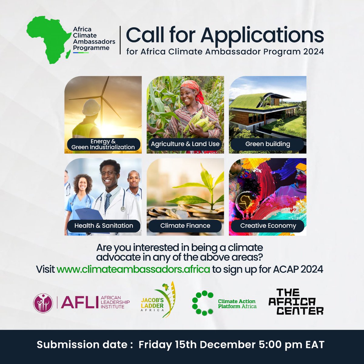 🌟 Exciting News! The Africa Climate Ambassador Program Cohort II 2024 call for applications is officially OPEN! 

Apply here: [docs.google.com/forms/d/e/1FAI…] 

Or visit: [climateambassadors.africa]

@TutuFellows 
@ClimateActAfric
@JacobsLadder_A
@TheAfricaCenter 

#ClimateAction 🌿💚 🌍