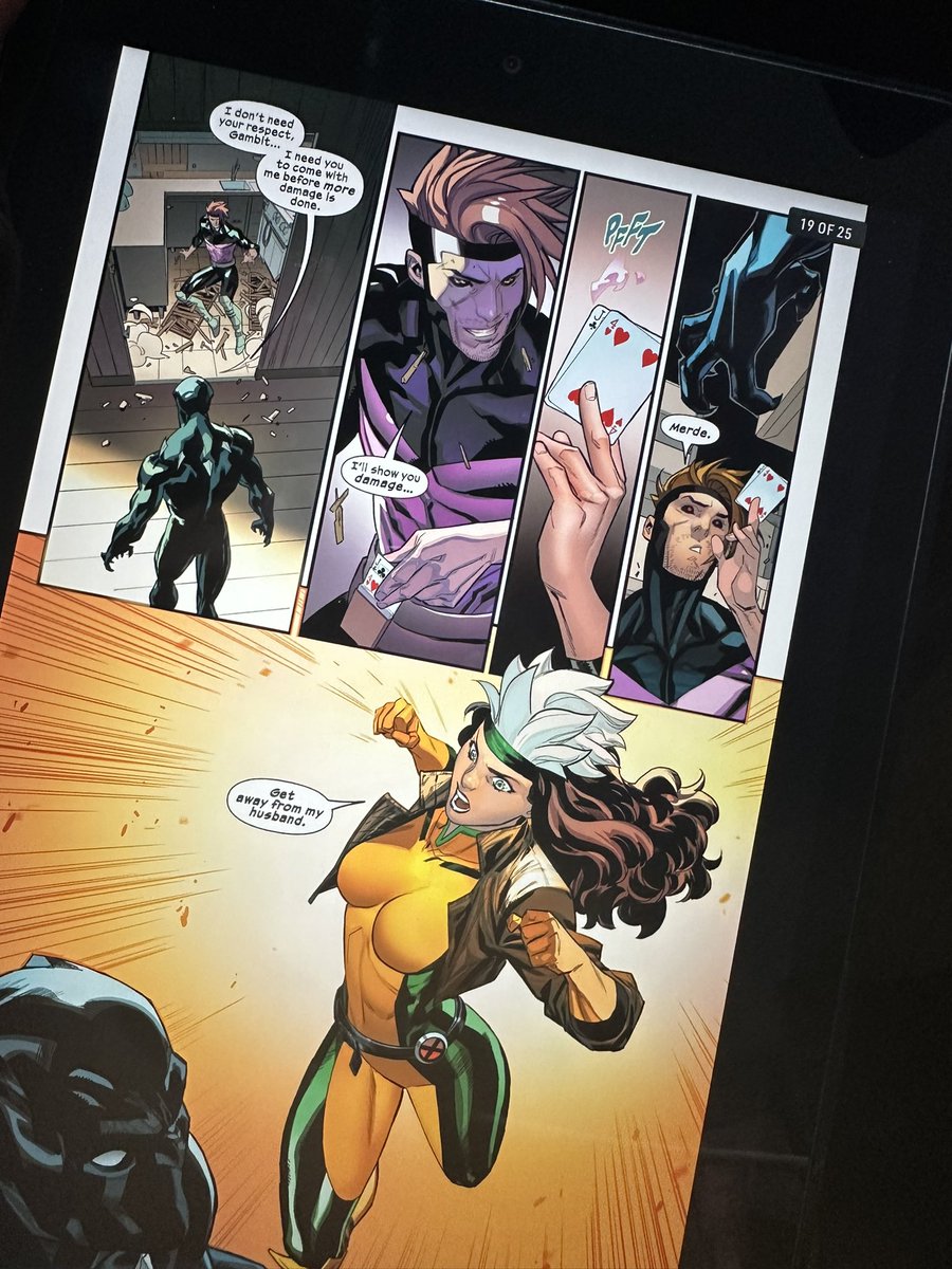 ChadAHolloway's tweet image. Wait, what?

I’m reading a @Marvel X-Men comic (Rogue &amp;amp; Gambit No. 2 from April 2023) and Gambit pulls out his patented cards to charge and throw.

Clearly either the writer or artist knows a bit about poker as Gambit pulled out “The Robbie” jack-four hand from the infamous…