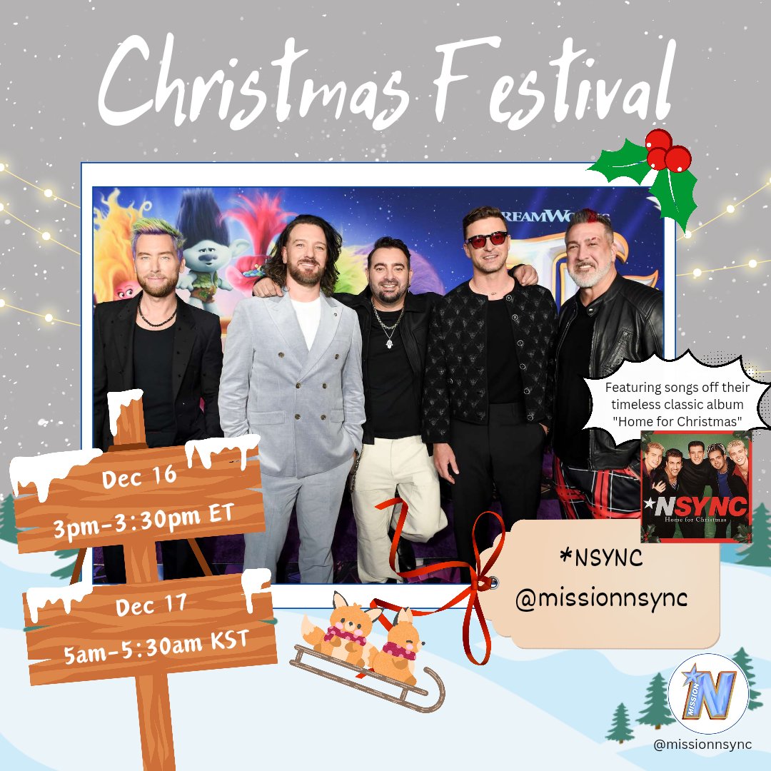 <a href="/namnationdjs/">Nam Nation DJs</a> <a href="/ericnamofficial/">Eric Nam (에릭남)</a> <a href="/STATIONHEAD/">STATIONHEAD</a> Christmas Festival Lineup🎄: 

Presenting:
*NSYNC!!! 

🦌⏰️: Dec 16 3pm ET | Dec 17 5am KST 

☃️ 📻: 
stationhead.com/missionnsync 

🎅: <a href="/MissionNsync/">Mission *NSYNC ⭐️💙💙💙💙💙</a> <a href="/NSYNC/">*NSYNC</a>

#SHXmasFest2023 <a href="/STATIONHEAD/">STATIONHEAD</a> #NSYNC