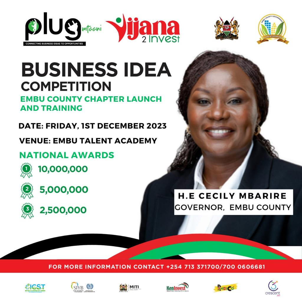 PLUGMtaaniKenya's tweet photo. Embu people, we are here! Join us for the Plug Mtaani Business Idea Program launch and later have a training. Welcomed by H.E GOVERNOR Cecily Mbarire, we will be at Embu Talent Academy. All between 18-35 years are welcome.
#PlugMtaani
#Vijana2Invest https://t.co/BjpNBftenI