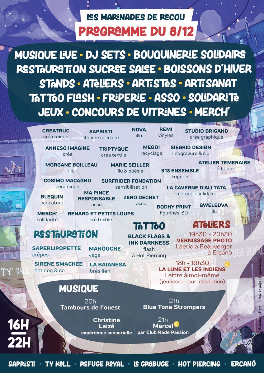 Le premier RDV des Marinades de Recou', c'est vendr. 8/12 et en voici le programme 💙
On repart sur des bonnes bases 🥳
📅bit.ly/marinadeshiver…
🖍Nova &amp; Siegrid Design