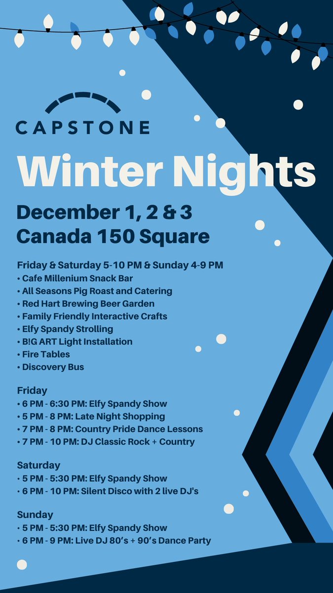 Capstone presents "Winter Nights" an imaginative light and art festival featuring several art installations by B!G ART, live music, entertainment, beer gardens, activities and more! 

Be #CapstoneCurious to explore #WinterNights: liveincapstone.ca/events