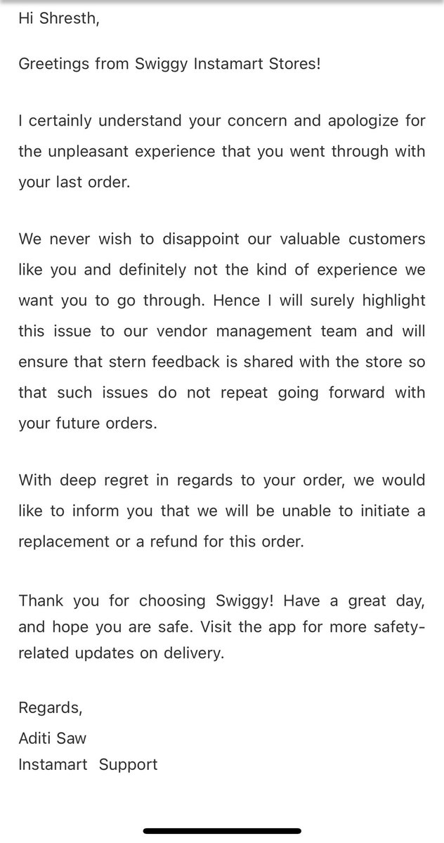 shresthapoddar's tweet photo. @SwiggyCares No I want the refund the policy doesn’t say anything like this. This is what your team says and deny to help when you agree that the flowers were damaged. The team has agreed that on chat still there is no resolution @jagograhakjago please help https://t.co/Eg7GfV9GHH