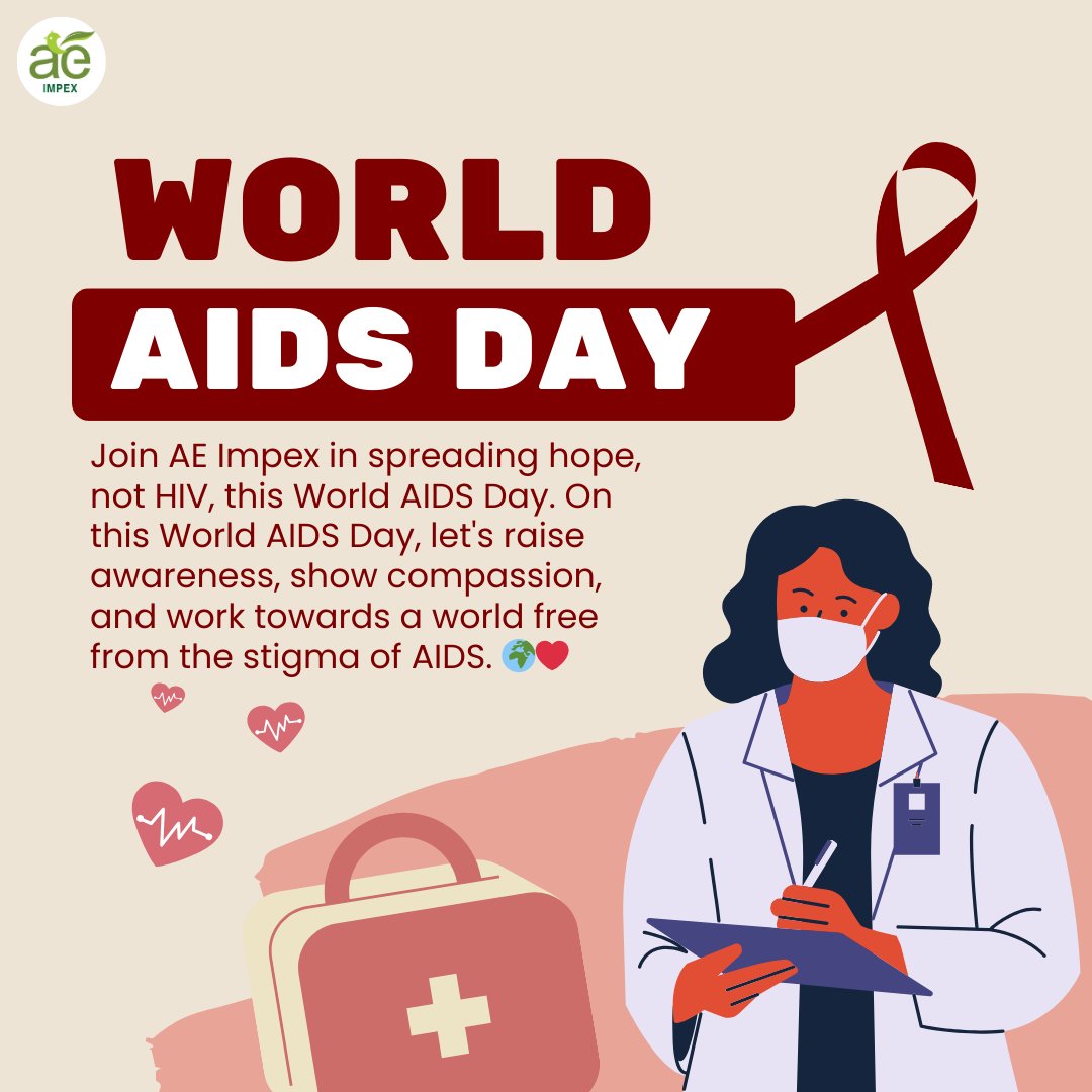 Join AE Impex in spreading hope, not HIV, this World AIDS Day. On this World AIDS Day, let's raise awareness, show compassion, and work towards a world free from the stigma of AIDS. 🌍❤️

 #AEImpex #RawMaterials
#Sourcing #IndianFarms 
#TogetherWeCan #AmazingEnterprises