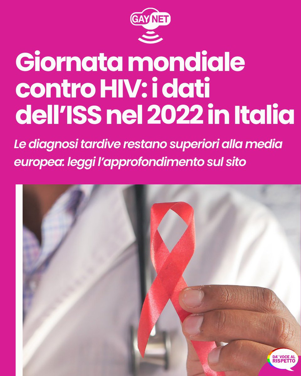 🔎 Dati #HIV 2022 Italia <a href="/istsupsan/">Istituto Superiore di Sanità</a>: incidenza (3,2%) inferiore a media europea (occident. 5,1%, centr. 4,5%), trasmissione sessuale rimane modalità prevalente (etero 43%, MSM 40,9%). Infezioni da HIV late presenters (58,1%) superano media EU. #WAD2023 

gaynet.it/2023/11/30/gio…