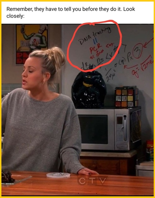 TowardAnarchy's tweet image. On The Big Bang Theory S6E10 &quot;The Fish Guts Displacement&quot;, aired December 13th, 2012, the words &quot;DNA Tracking = PCR + SS DNA Seg&quot; appear very clearly on the whiteboard above the microwave.
What do you think the significance is?
#predictiveprogramming #NWO #bigbangtheory