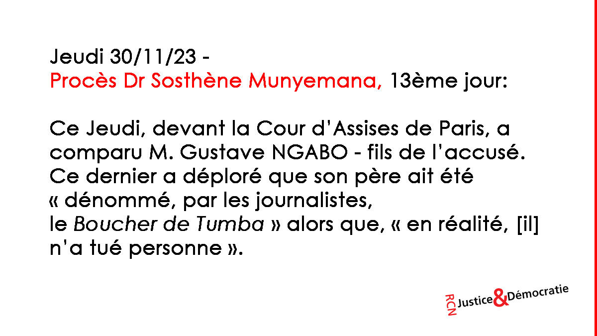 Jeudi 30/11/23 - 
Procès Dr Sosthène Munyemana, 13ème jour.

<a href="/ambafrancerwa/">Ambassade de France au Rwanda 🇫🇷🇪🇺</a> 
<a href="/BelgiumRwanda/">Embassy of Belgium in Rwanda</a>