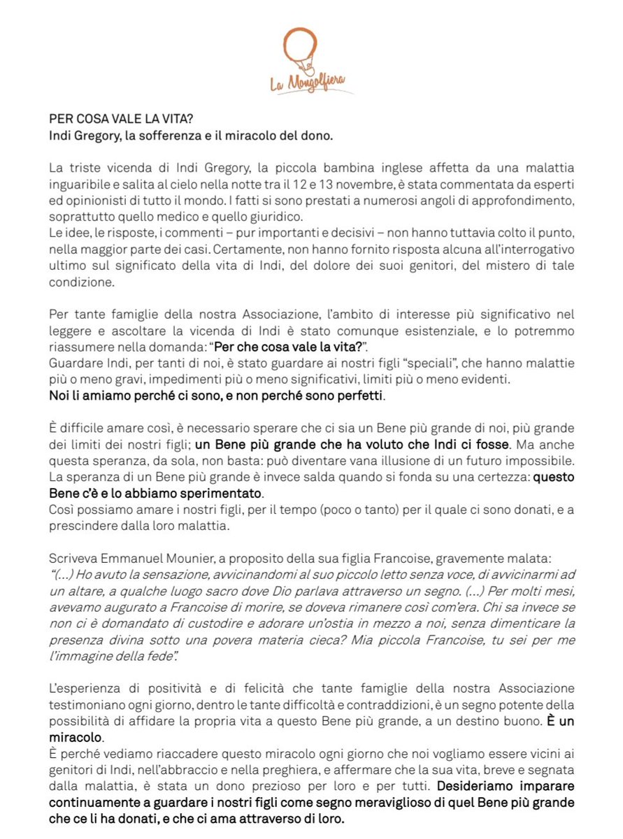 ass_mongolfiera's tweet photo. COSA VALE LA VITA?
#Indi #Gregory, la sofferenza e il miracolo del dono. Un tentativo di #giudizio a partire dalla nostra esperienza https://t.co/0KOfvsZ6UE