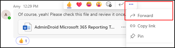 AdmiinDroid's tweet photo. Now you can forward chats in Microsoft Teams to your co-workers. No more screenshots! 😌
Select "More options" on a message ➜ "Forward". Also, you can additional texts for better clarity.
#microsoft365 #AdminDroid #MicrosoftTeams #forwardchats #TeamsFeatures #newteams #MSTeams https://t.co/C9kkZy2aZh