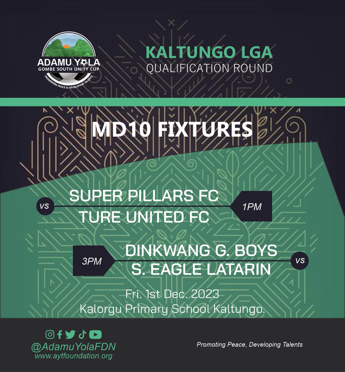 AdamuYolaFDN's tweet photo. TGIF! Mouthwatering fixtures across 3 centres today.

Billiri
Sembe Utd. FC vs Tangale W. - 1pm
Bare City vs K Utd. - 3pm

Kaltungo
S. Pillars vs Ture Utd. - 1pm
D. Golden Boys vs S. Eagle Latarin - 3pm

Shongom
Lalaipido Utd. vs Golden Stars - 1pm
Kalishen Utd. V Kefi Utd. - 3pm https://t.co/fEO6tVp1lQ