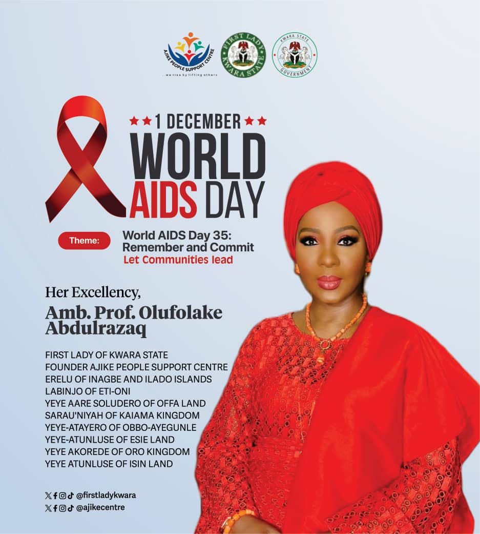 WORLD AIDS DAY 2023

December 1st

Theme- World AIDS Day35- 'Let Communities Lead'

#WAD2023
#HIV #AIDS 
#LetCommunitiesLead
#HIVisReal
#aidsawareness 
#KwaraFirstLady
#AjikeCares