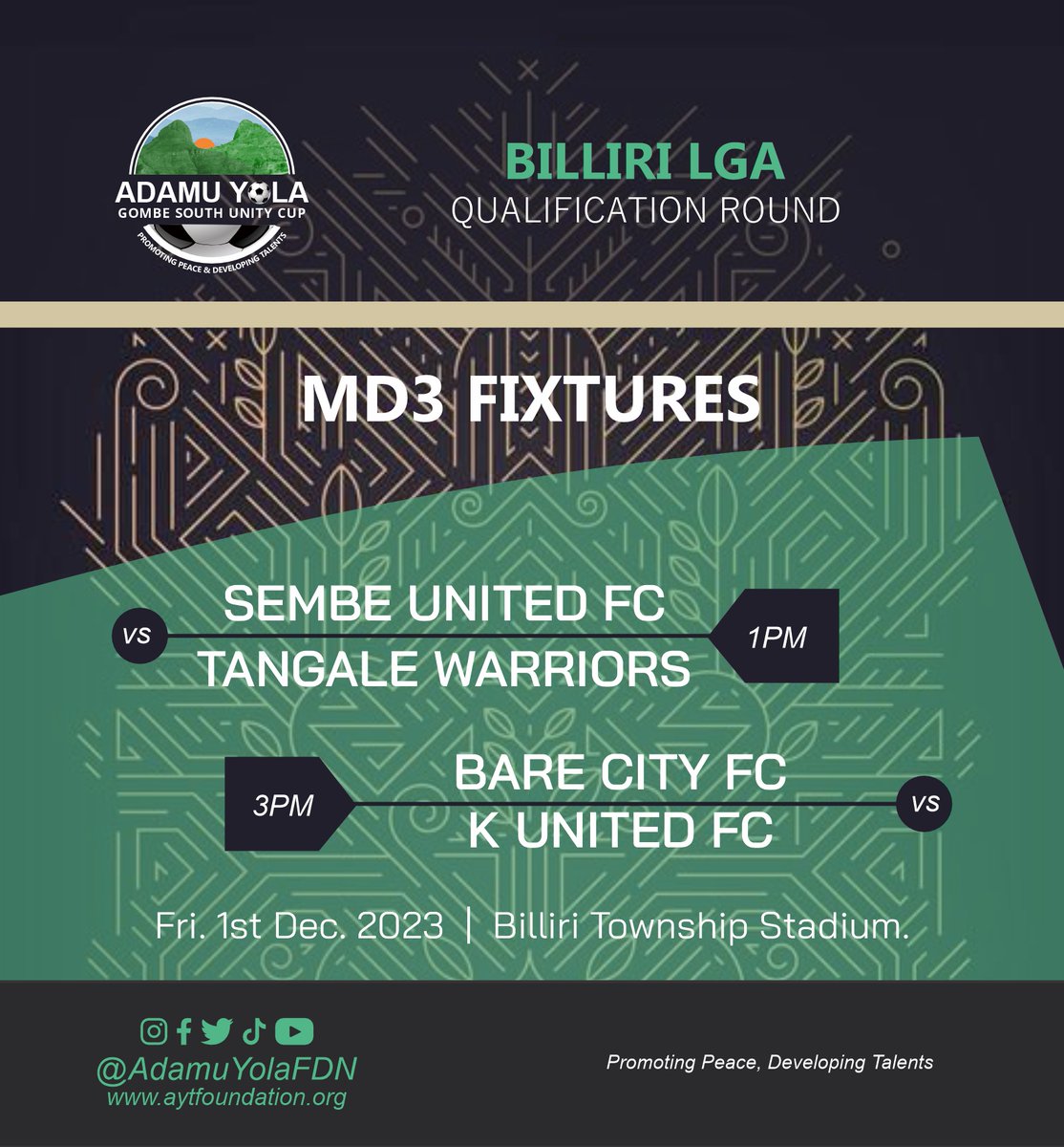 AdamuYolaFDN's tweet photo. TGIF! Mouthwatering fixtures across 3 centres today.

Billiri
Sembe Utd. FC vs Tangale W. - 1pm
Bare City vs K Utd. - 3pm

Kaltungo
S. Pillars vs Ture Utd. - 1pm
D. Golden Boys vs S. Eagle Latarin - 3pm

Shongom
Lalaipido Utd. vs Golden Stars - 1pm
Kalishen Utd. V Kefi Utd. - 3pm https://t.co/fEO6tVp1lQ
