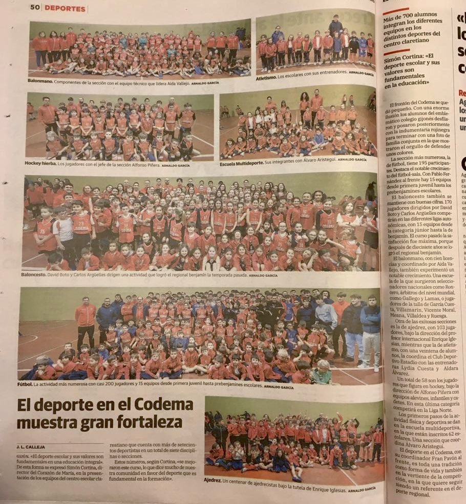 El periódico <a href="/elcomerciodigit/">EL COMERCIO</a> se hace eco de la fortaleza del deporte en el #CODEMA con ocasión de la presentación de las secciones deportivas de este curso 🔴⚫️. #SomosCodema #CodemaDeporte. <a href="/cmfsantiago/">Claretianos Santiago</a> <a href="/PedagogicosS/">Pedagogicos Claretianos de Santiago</a> <a href="/CodemaBalonmano/">Corazón de María BM</a> <a href="/codemafutbol/">Codema Fútbol</a> <a href="/codema_basket/">CodemaBaloncesto</a> @CODEMAHOCKEY