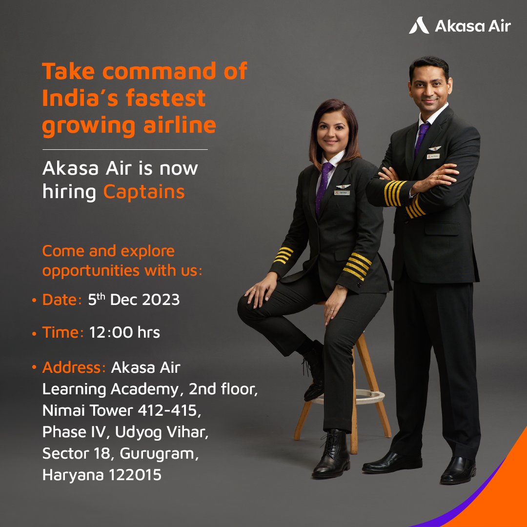 Be the Captain of your sky!
Calling Captains to explore exciting and exclusive career opportunities with us. Apply now: forms.office.com/r/dzRTVp5Y6z

#AkasaAir #ItsYourSky #NowHiring #HiringAlert #PilotCareers