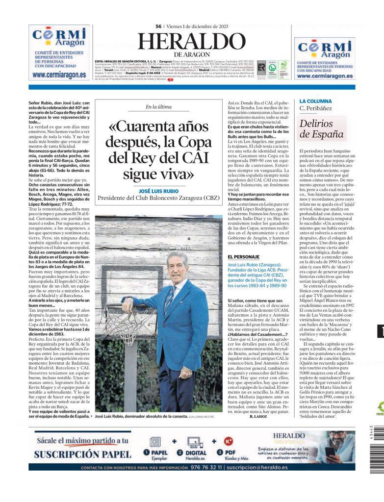 cbzaragoza's tweet photo. En la contraportada de @heraldoes , nuestro presidente José Luis Rubio, rememora la Copa del Rey en su 4️⃣🏀 Aniversario. #Zaragoza #Aragon #CopaDelRey #Baloncesto #ACB #SiOlvidasTuHistoriaOlvidasQuienEres https://t.co/wVj897RE8D