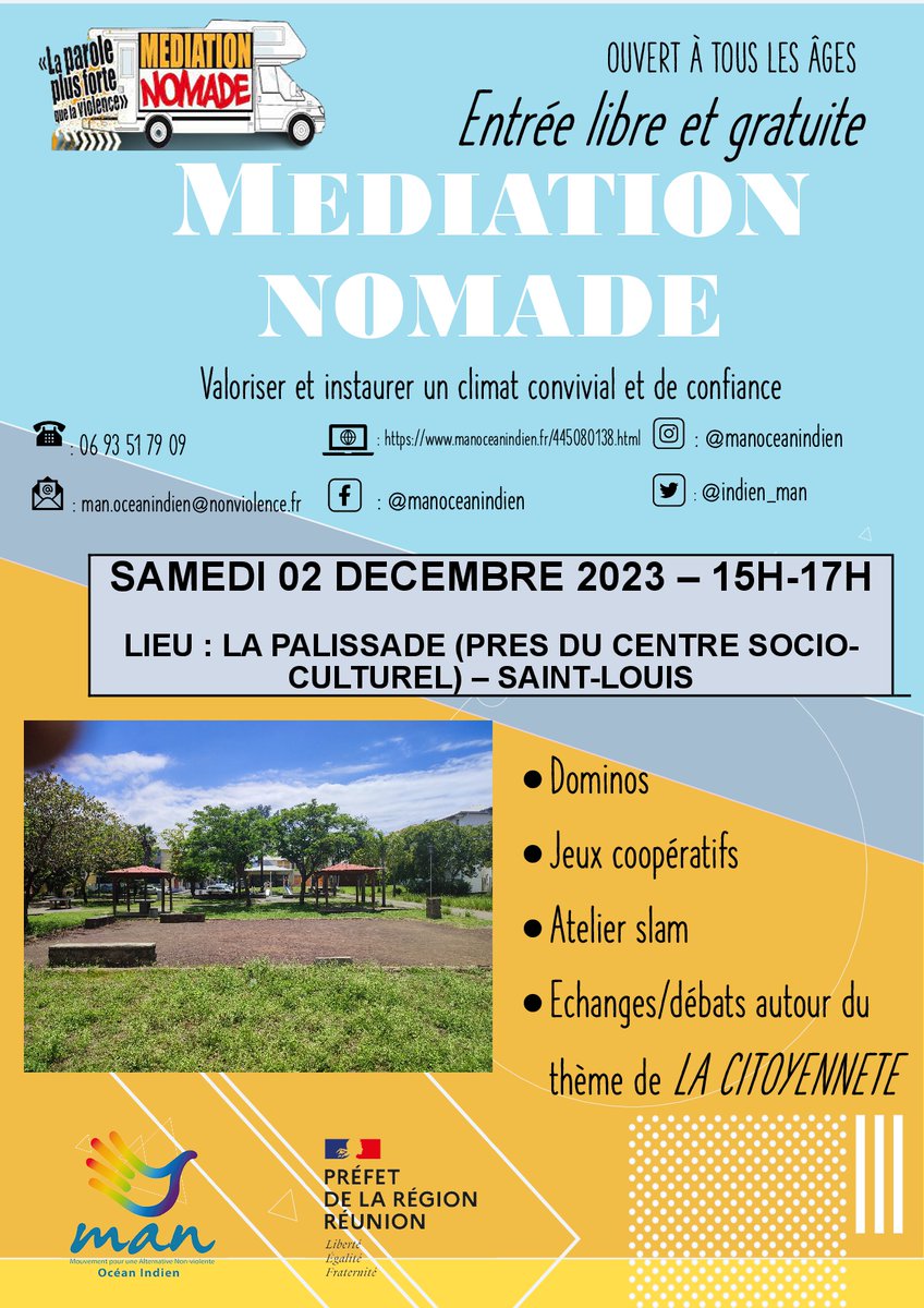 indien_man's tweet photo. samedi 02 décembre 2023, notre équipe de l'antenne La Réunion installera leur médiation nomade à la Palissade (quartier de Saint-Louis).📷
Cette action est financée par la préfecture dans le cadre du FIPD.
#MEDIATIONNOMADE #manoceanindien #fipd https://t.co/xeZ9G12fPF