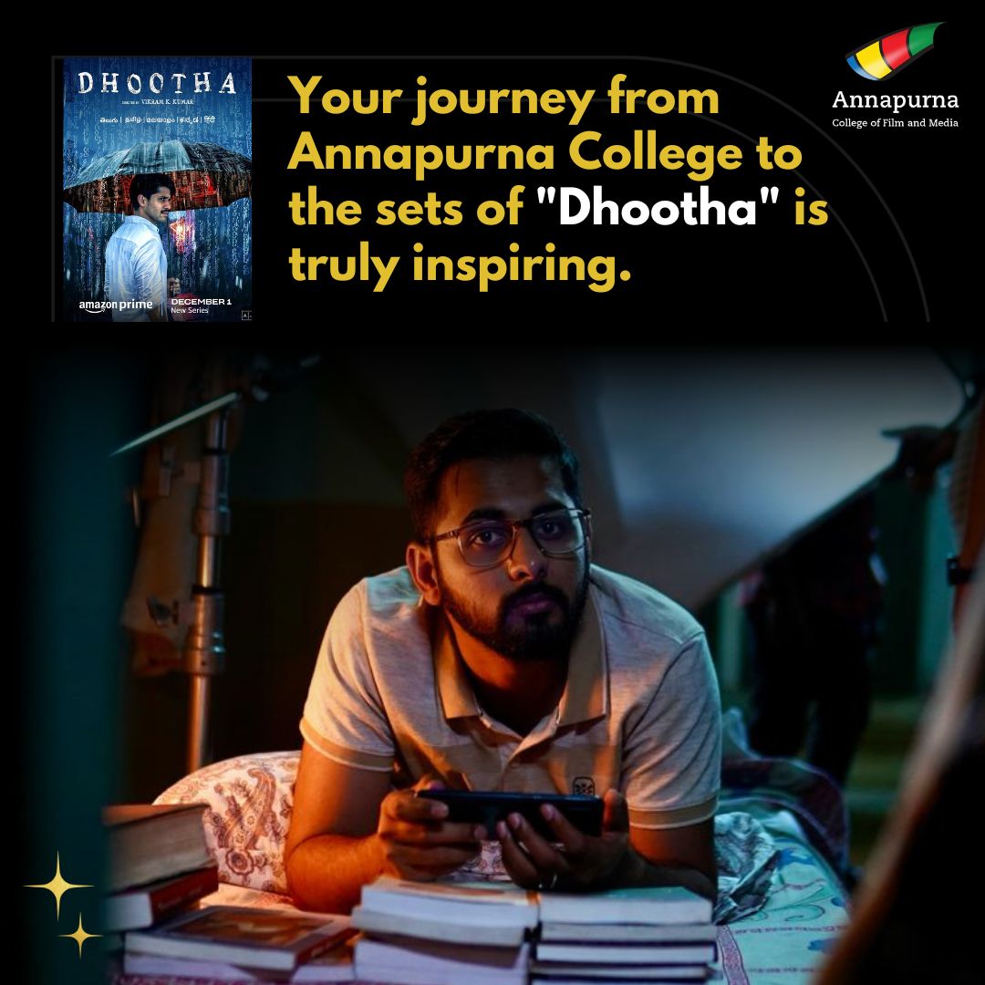 🎬 From the Classroom to the Clapboard: Aayush Agarwal and Dhootha! 🌟 Exciting news from our Annapurna College of Film and Media family! Aayush Agarwal, an alumnus of the 2014-2018 BA Film and Media batch, has soared to new heights as the Associate Director and acted playing