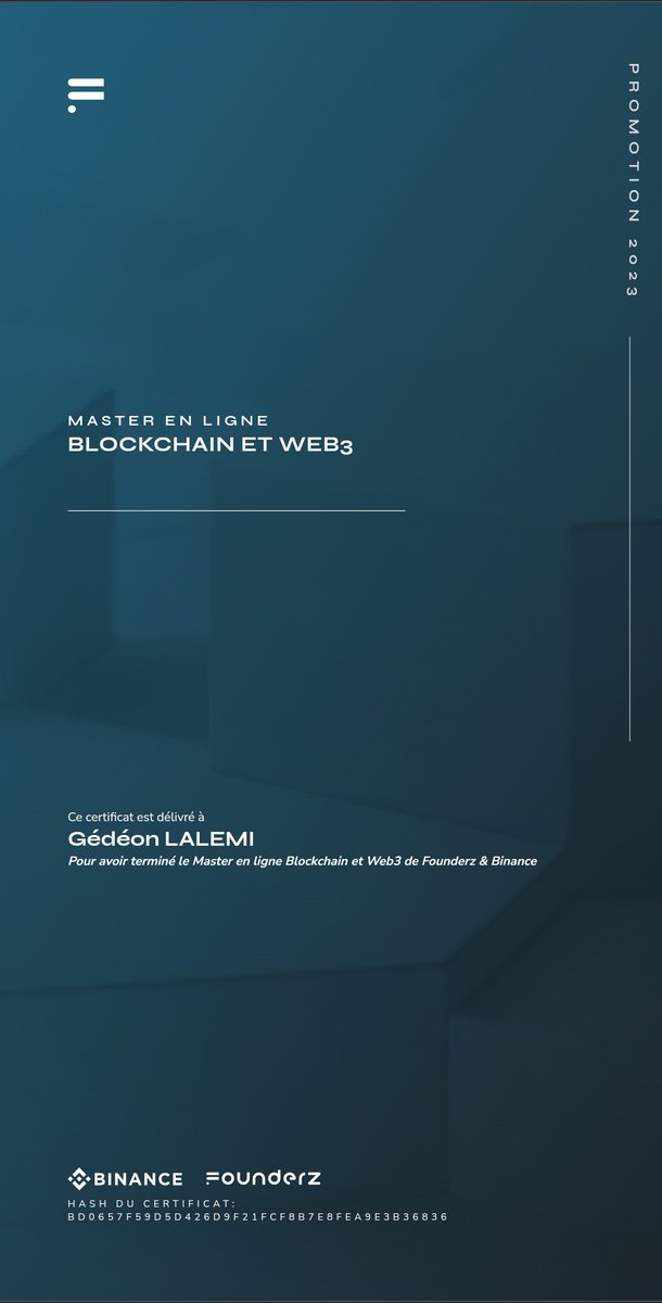 Gdonlalemi's tweet photo. This morning I come to inform you that I obtained my master's degree online on web 3 and blockchain. A program organized by @founderz and @binance. Thanks once again to the organizers for the education given.
#Keepeducating
#Keepbuilding https://t.co/AWixK2DLsd