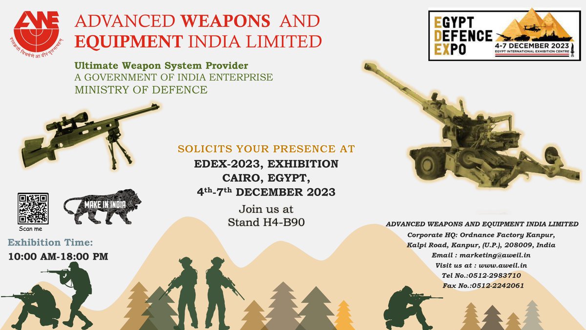 AWE India Limited will augment its presence in Middle East and Africa by participating in 3rd Egypt Defence Expo (EDEX- 2023), the largest Defence and Security Exhibition in North Africa. AWEIL solicits your presence at India Pavilion (Stand H4-B90). @DefProdnIndia @visitedex