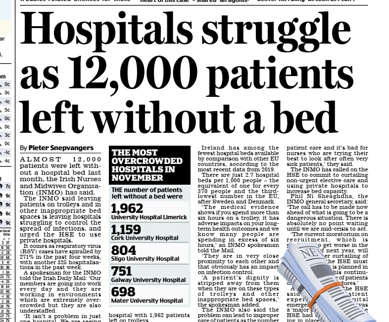 caulmick's tweet photo. Ireland is Broken
🏥
ALMOST 12,000 patients were left without a hospital bed last month, the Irish Nurses and Midwives Organisation (#IMNO) has said.
Leaving patients on trolleys and in other inappropriate bed spaces is leaving hospitals struggling to control the spread of infections
#HealthCrisis
