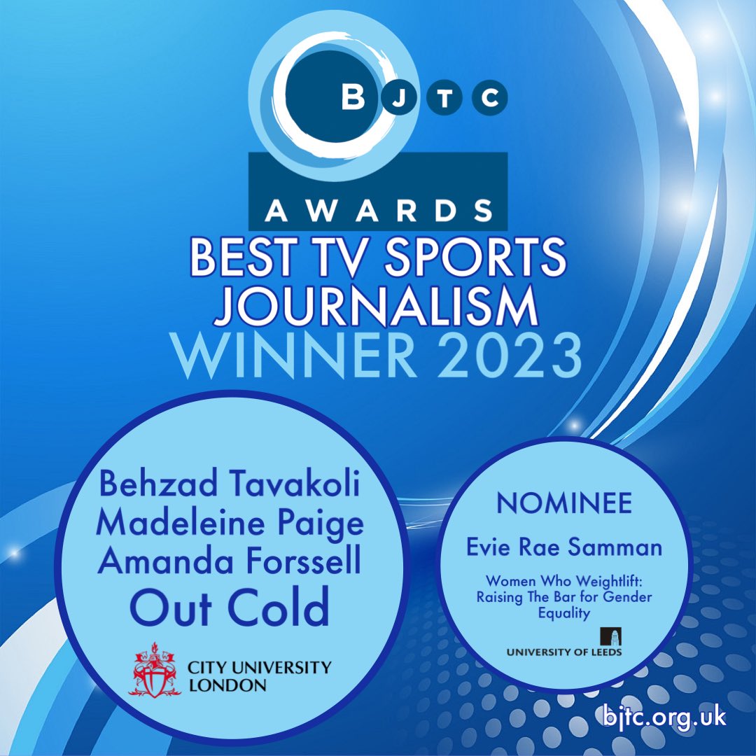 Congrats to BJTC Award winners Behzad Tavakoli, Madeleine Paige & Amanda Forssell, City University for BEST TV SPORTS JOURNALISM The judges said it “covered a really important subject with brilliant talkers.” @beztavakoli @MaddiePaige @ForssellAmanda @cityjournalism #bjtcawards