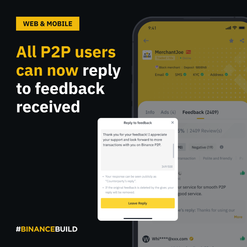 binance's tweet photo. This week's #BinanceBuild brings you more P2P updates!

With #Binance P2P you now can:

🔸 Reply to feedback received
🔸 Recall text and media in chats
🔸 Get your ads featured as campaign rewards

Tap to test them out 👇