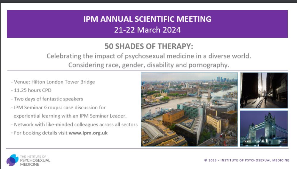 You can now book your place at our Annual Scientific Meeting. This event is a special celebration of our 50th anniversary 21-22nd March in central London We have a great programme lined up. Please book here 👇🏼 #psychosexual #sex #sexualdifficulties ipm.org.uk/events/33/annu…