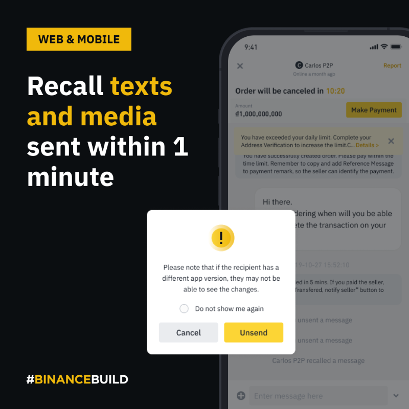binance's tweet photo. This week's #BinanceBuild brings you more P2P updates!

With #Binance P2P you now can:

🔸 Reply to feedback received
🔸 Recall text and media in chats
🔸 Get your ads featured as campaign rewards

Tap to test them out 👇
