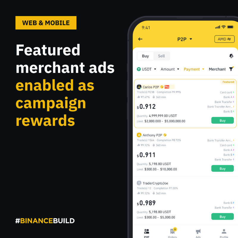 binance's tweet photo. This week's #BinanceBuild brings you more P2P updates!

With #Binance P2P you now can:

🔸 Reply to feedback received
🔸 Recall text and media in chats
🔸 Get your ads featured as campaign rewards

Tap to test them out 👇