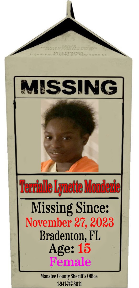 🚨🚨🚨 MISSING CHILD 🚨🚨🚨

Terrialle Lynette Mondezie
Age: 15
Missing Since: 11/27/23
#Bradenton, #Florida 

Please Call If You Have Information:

#ManateeCounty Sheriff's Office 
1-941-747-3011

#ProjectMilkCarton 
#MissingChildren 
#BringThemHome