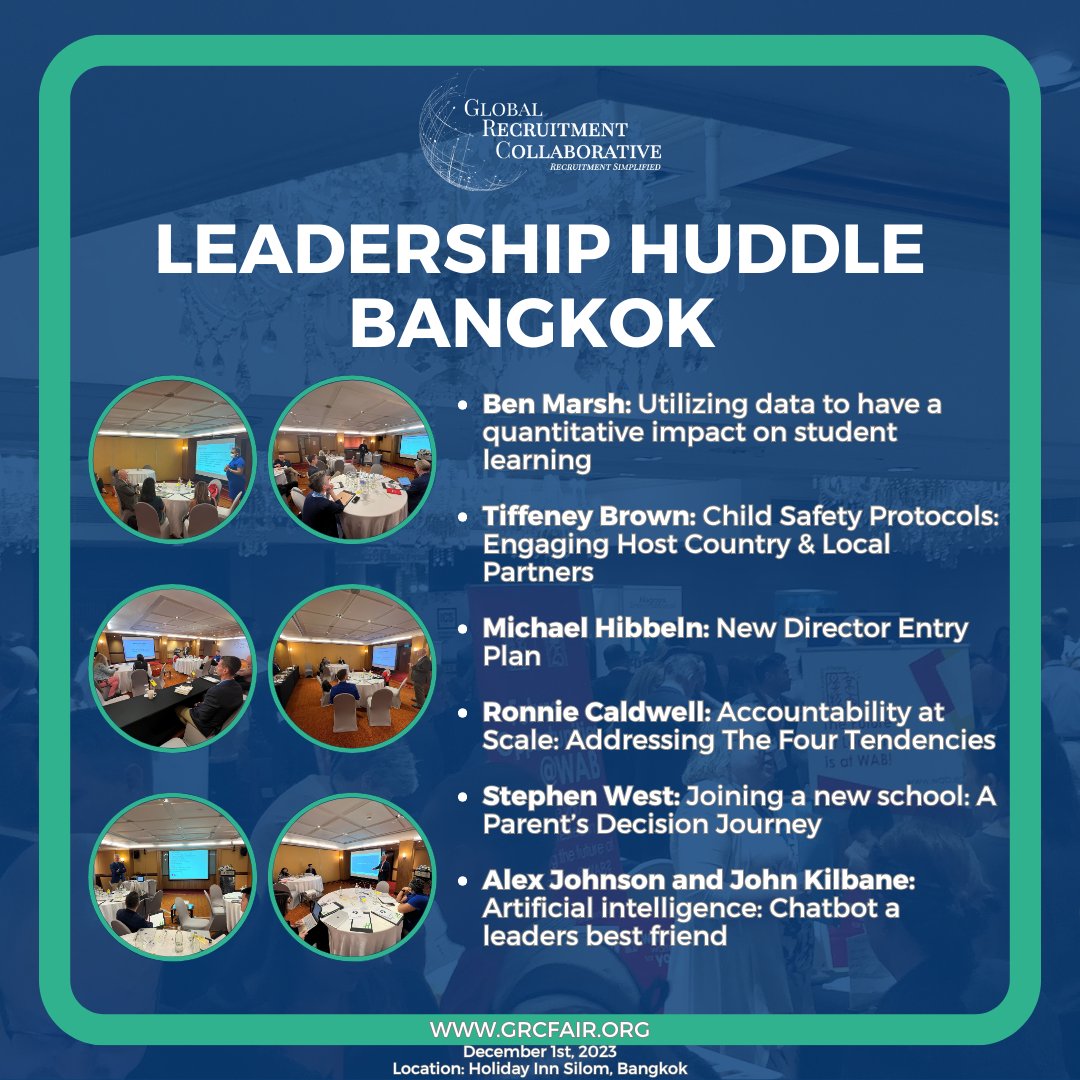 Exciting day at the Global Recruitment Collaborative's leadership huddle in Bangkok! Grateful for insights shared by amazing educators like Ben Marsh, Tiffeney Brown, Michael Hibbeln, Stephen West, Alex Johnson, John Kilbane & Ronnie Caldwell #LeadershipHuddle #educhat