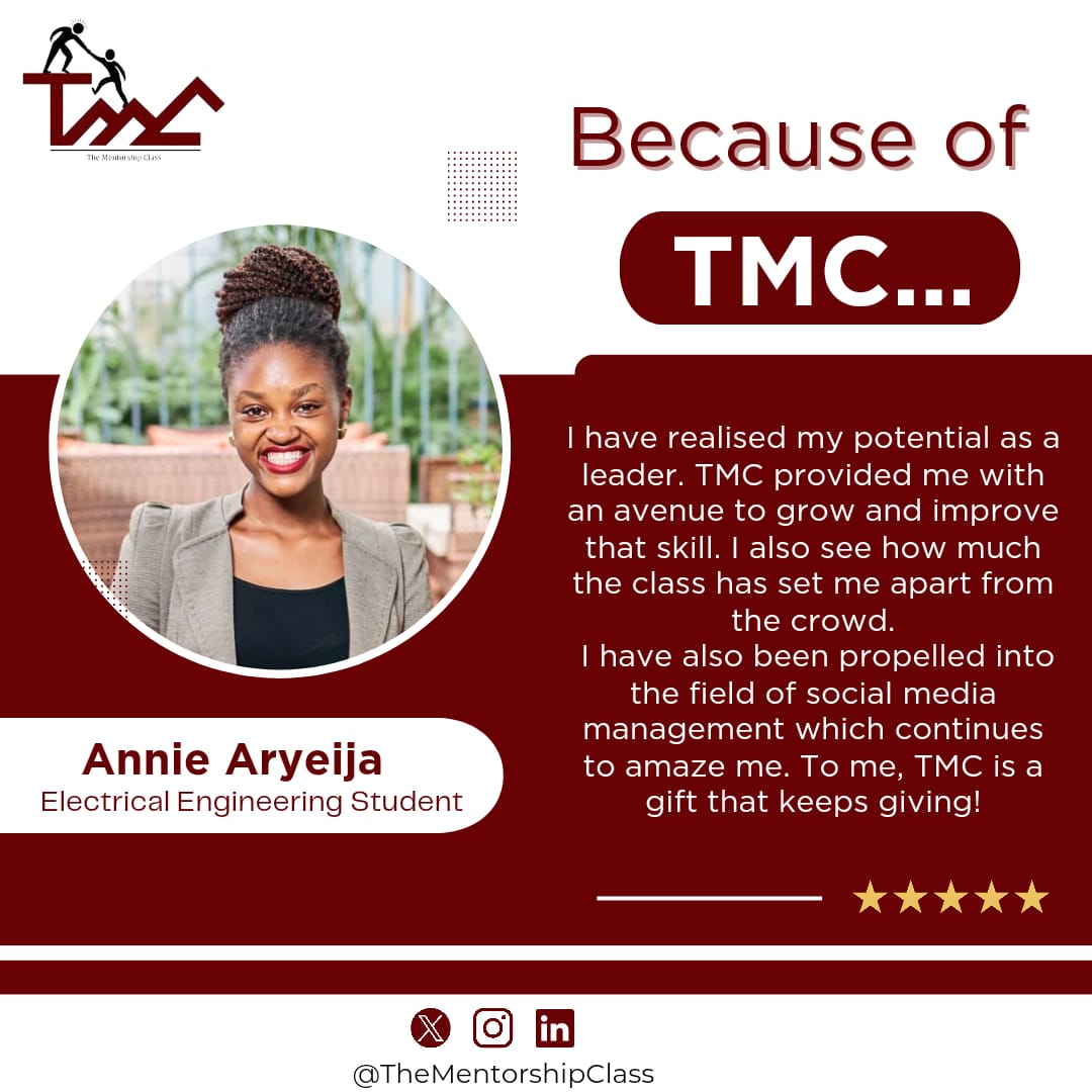 The Mentorship Class has played a huge role in showcasing Annie Aryeija’s leadership abilities. 🧍‍♀️

The class gave her an opportunity to stand out and facilitated her to be the great lady she has turned out to be.🤩

#TMC2023
#TheMentorshipClass
#TestimonyTime